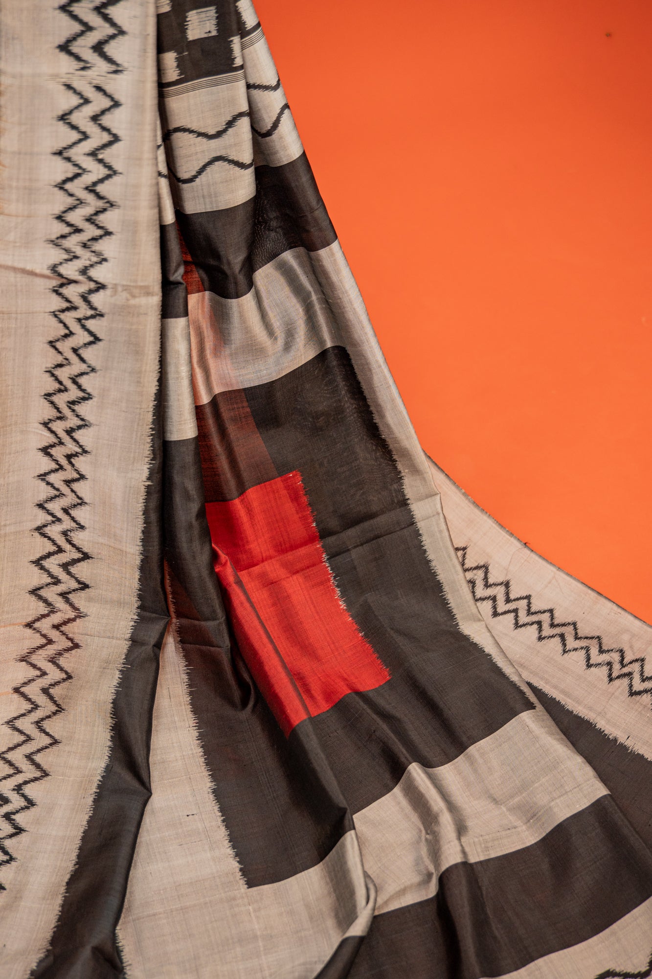 Handwoven Black & White Khandua Silk Saree with Traditional Ikat Border