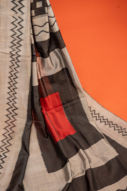 Handwoven Black & White Khandua Silk Saree with Traditional Ikat Border