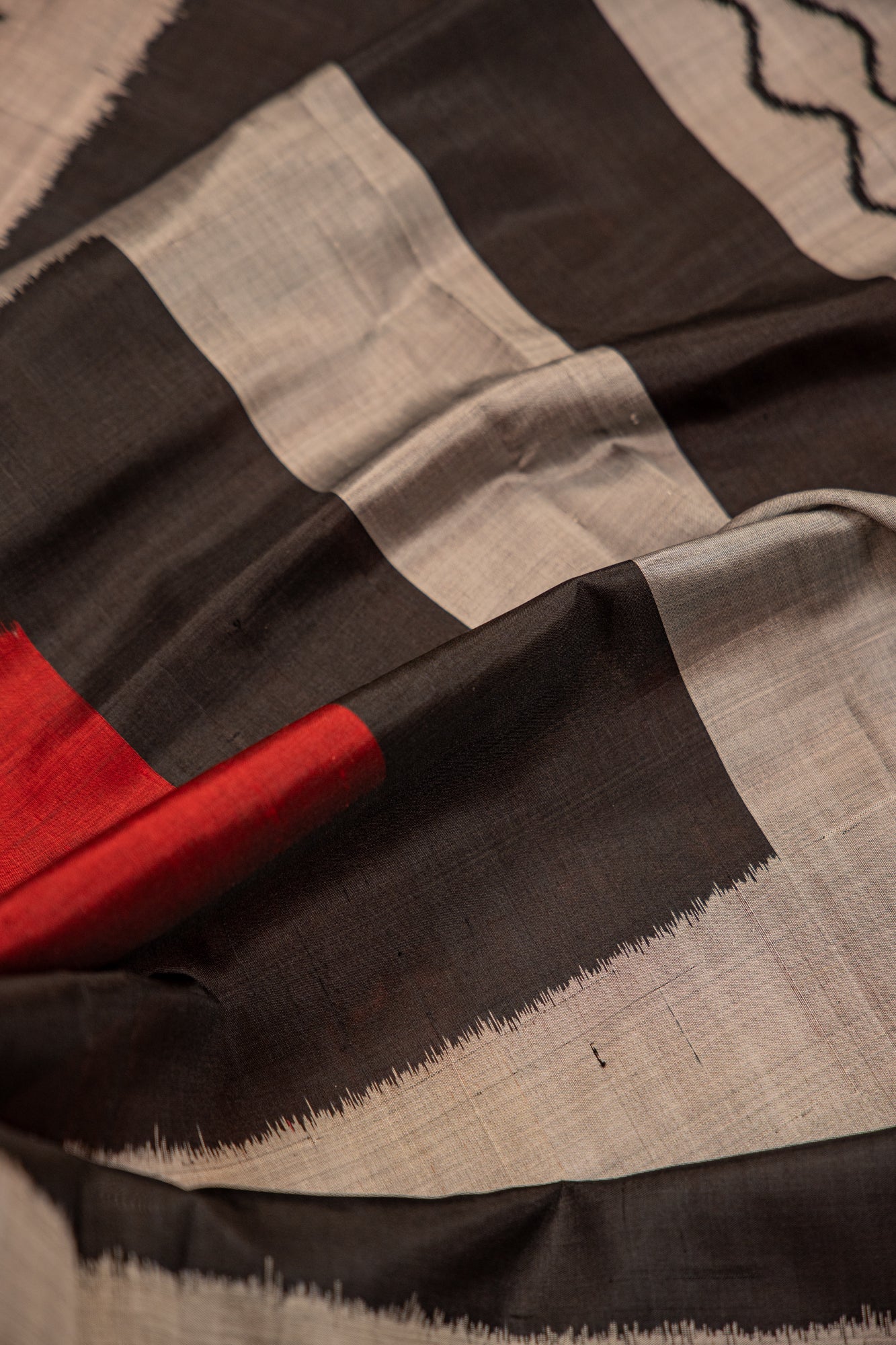 Handwoven Black & White Khandua Silk Saree with Traditional Ikat Border