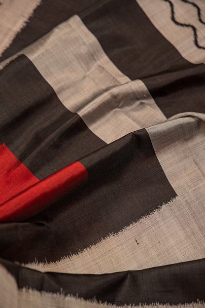 Handwoven Black & White Khandua Silk Saree with Traditional Ikat Border
