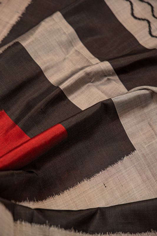 Handwoven Black & White Khandua Silk Saree with Traditional Ikat Border