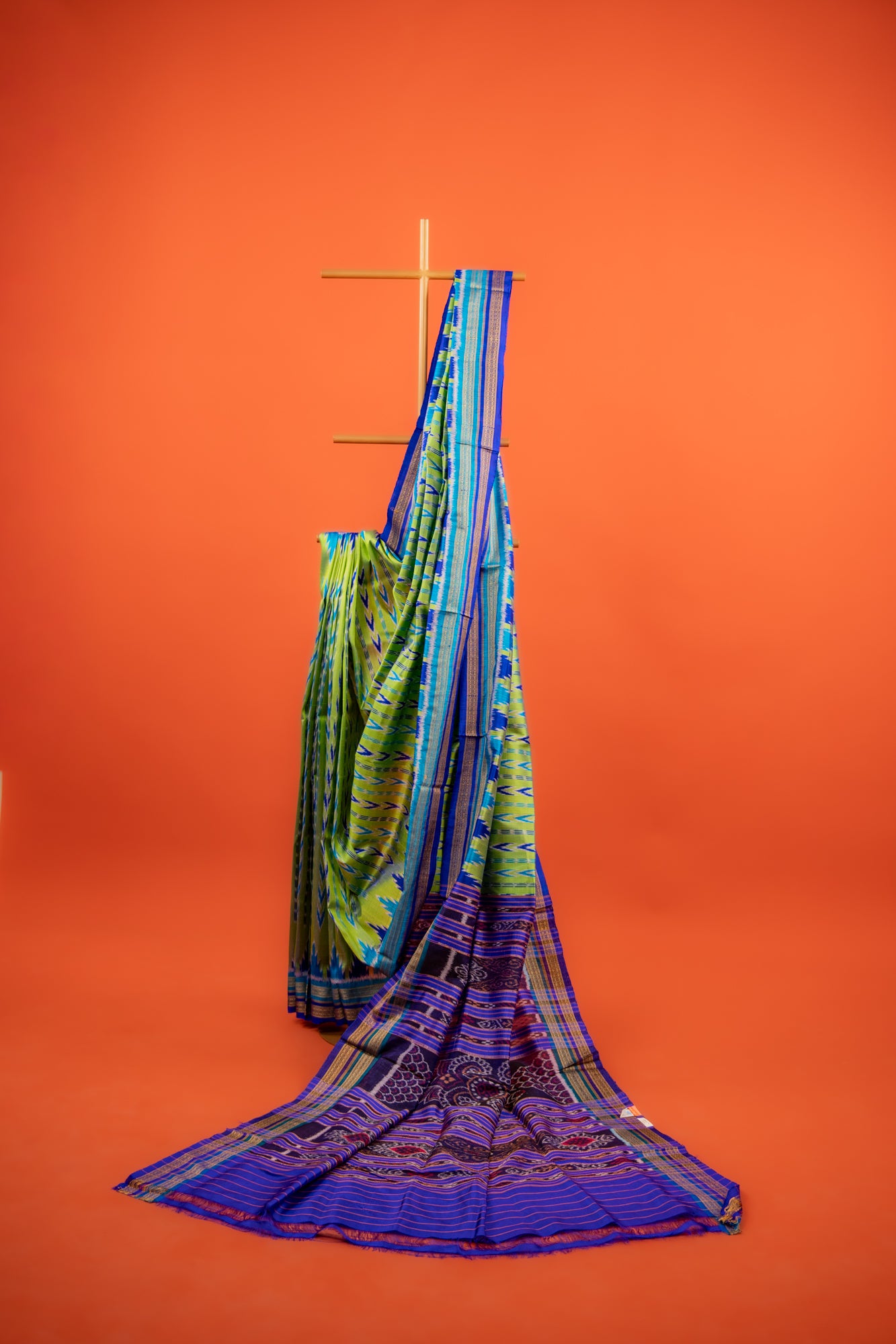 Handwoven Lime Green Khandua Saree with Multi-Toned Ikat Border