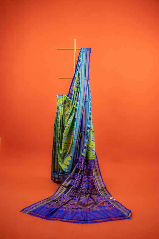 Handwoven Lime Green Khandua Saree with Multi-Toned Ikat Border