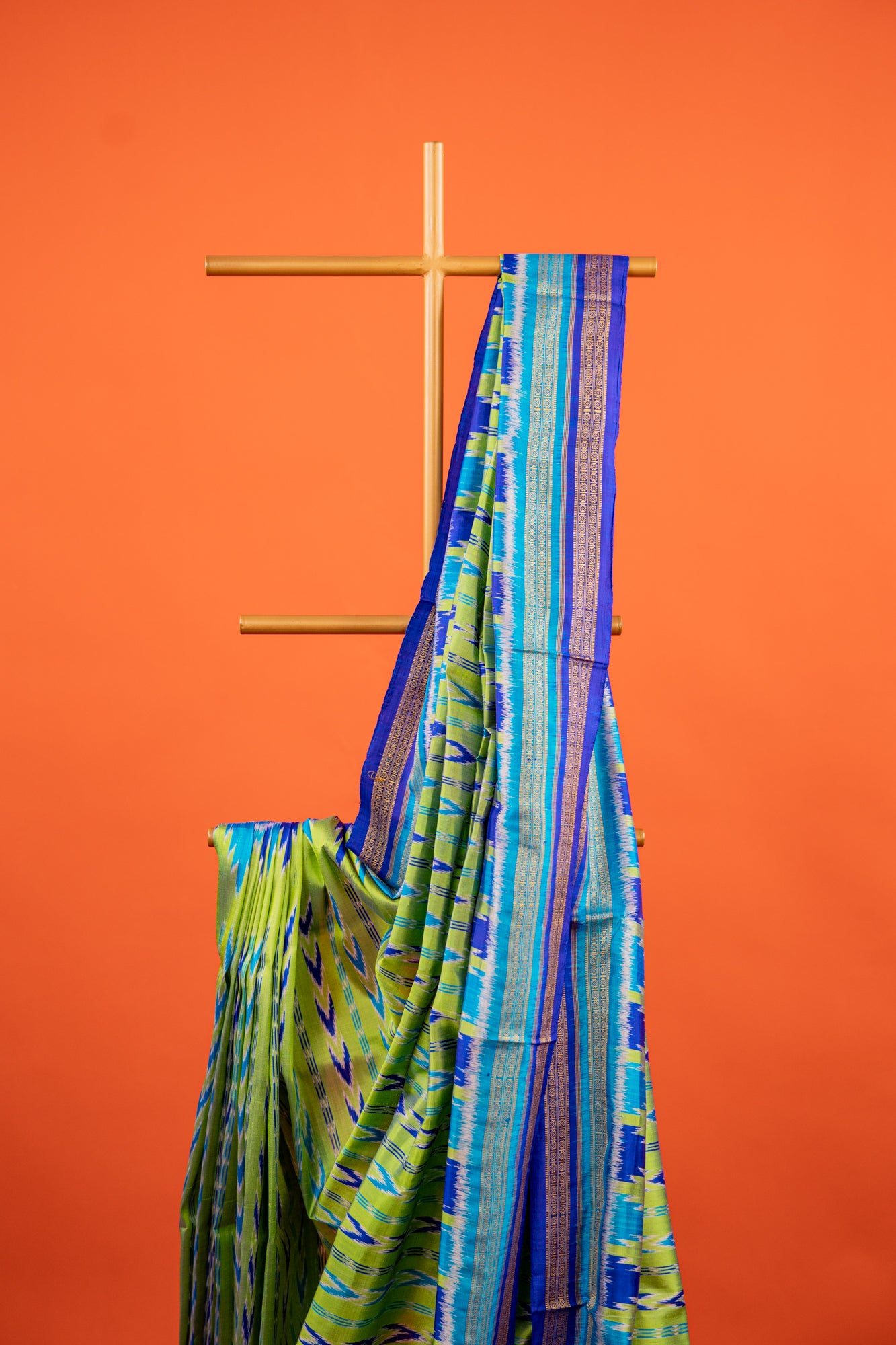 Handwoven Lime Green Khandua Saree with Multi-Toned Ikat Border