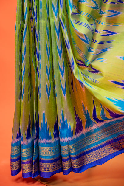 Handwoven Lime Green Khandua Saree with Multi-Toned Ikat Border