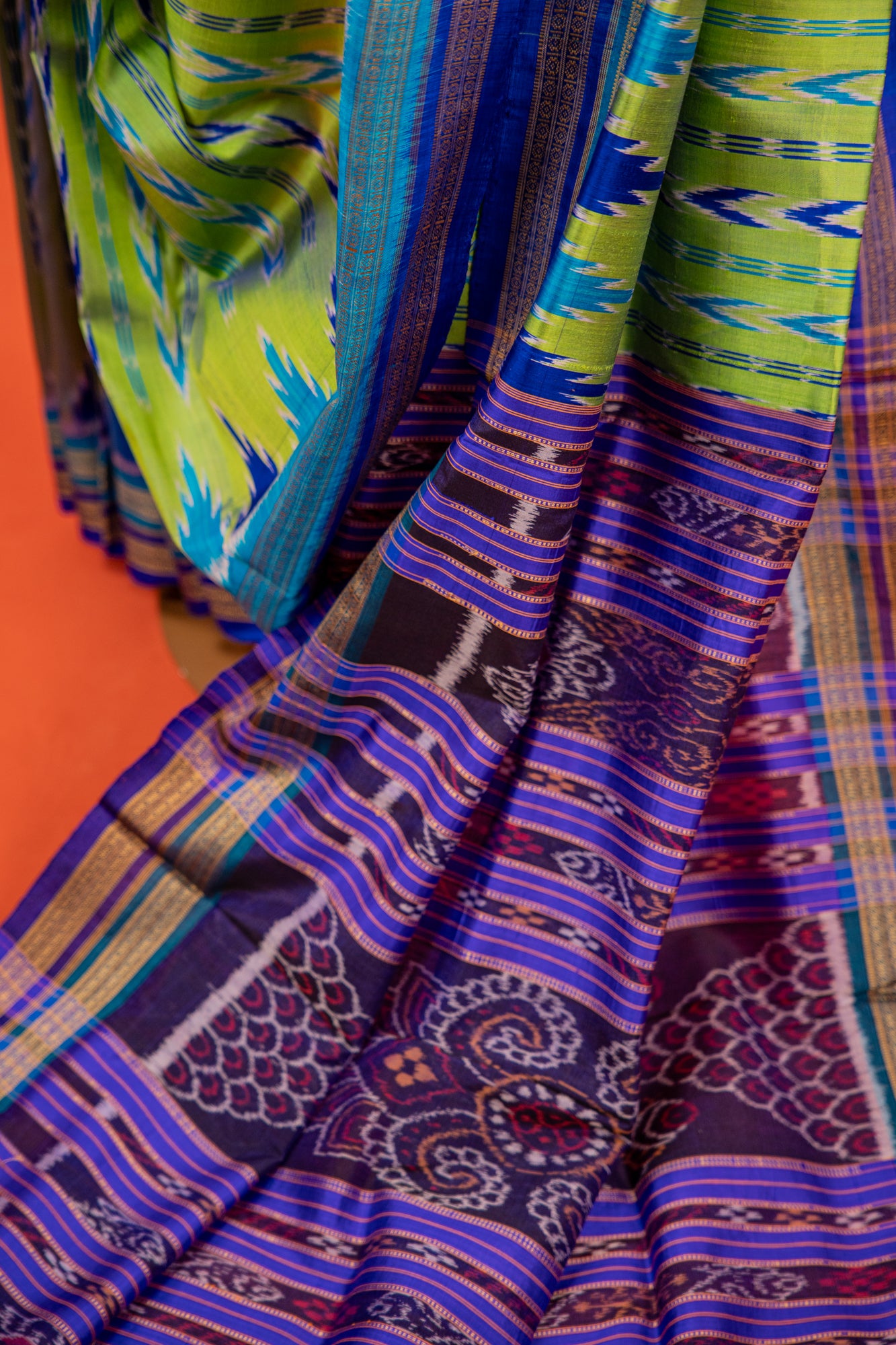 Handwoven Lime Green Khandua Saree with Multi-Toned Ikat Border