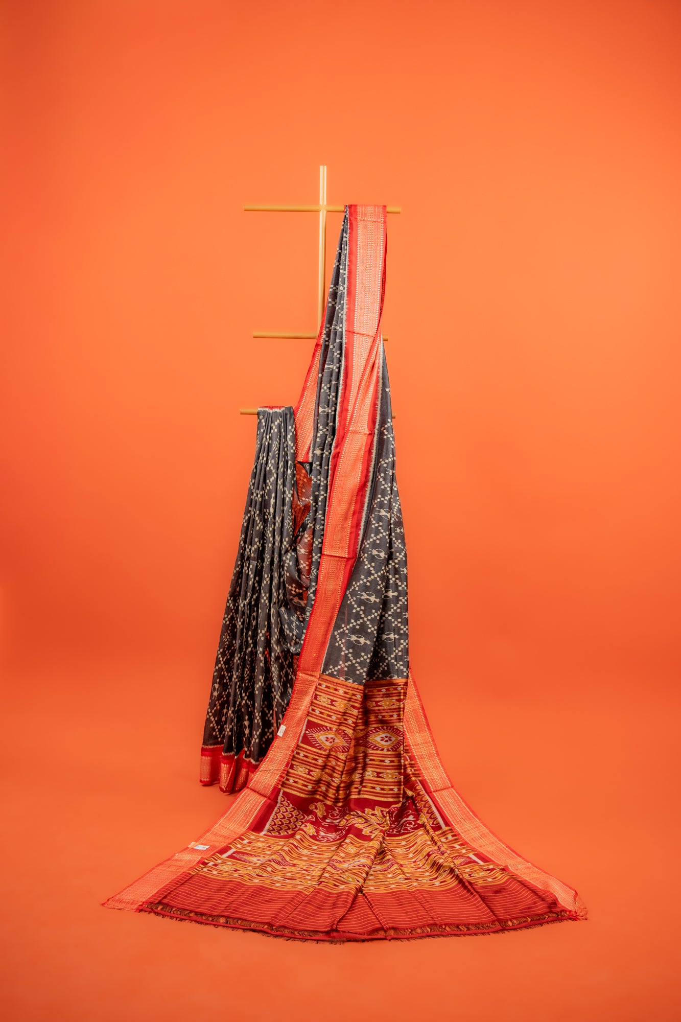 Black Khandua Silk Saree with Saura Ikat Motifs & Red Border | Handwoven Odisha Saree