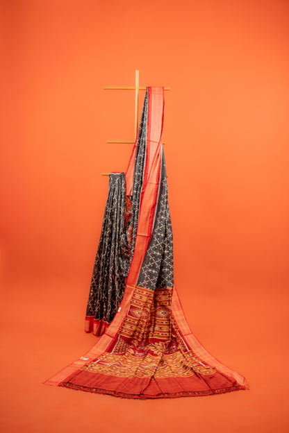 Black Khandua Silk Saree with Saura Ikat Motifs & Red Border | Handwoven Odisha Saree