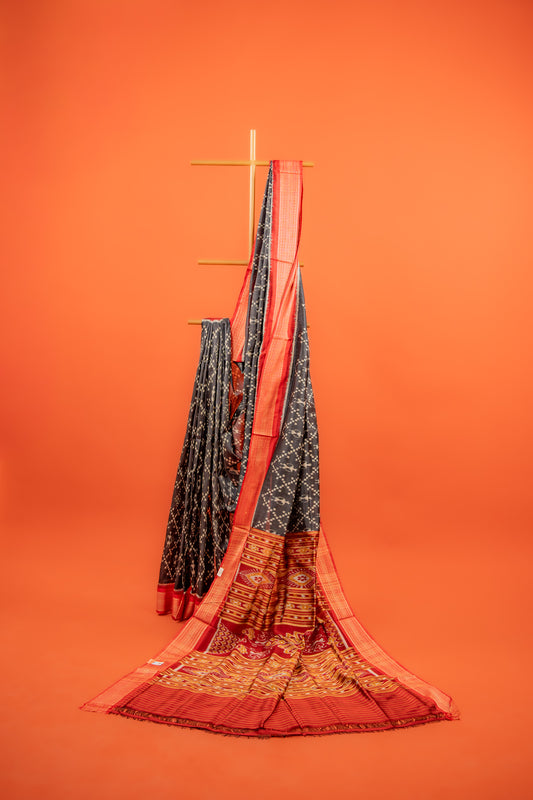 Black Khandua Silk Saree with Saura Ikat Motifs & Red Border | Handwoven Odisha Saree