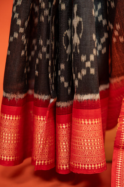 Black Khandua Silk Saree with Saura Ikat Motifs & Red Border | Handwoven Odisha Saree