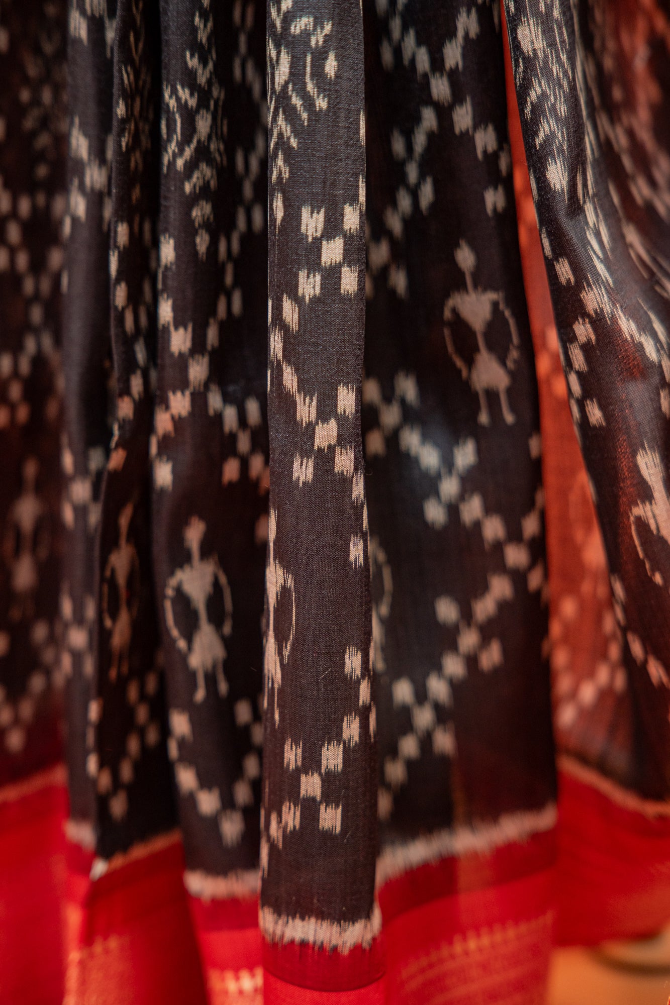 Black Khandua Silk Saree with Saura Ikat Motifs & Red Border | Handwoven Odisha Saree
