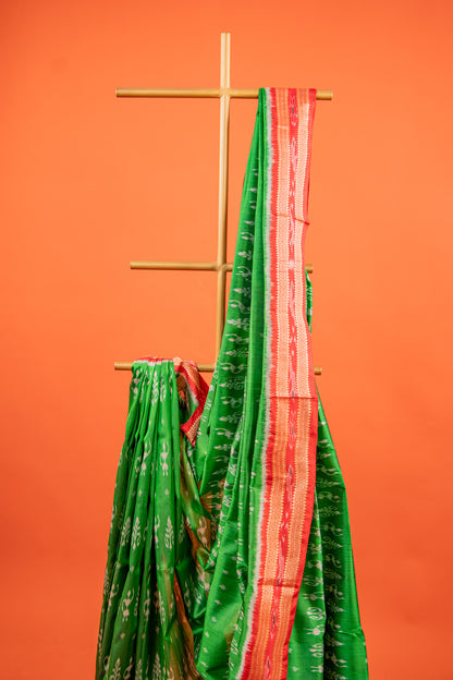 Parrot Green Khandua Silk Saree with Saura Tribal Ikat Motifs | Odisha Handloom
