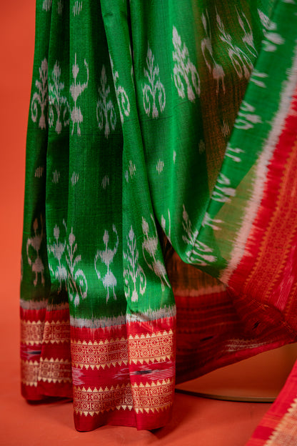 Parrot Green Khandua Silk Saree with Saura Tribal Ikat Motifs | Odisha Handloom