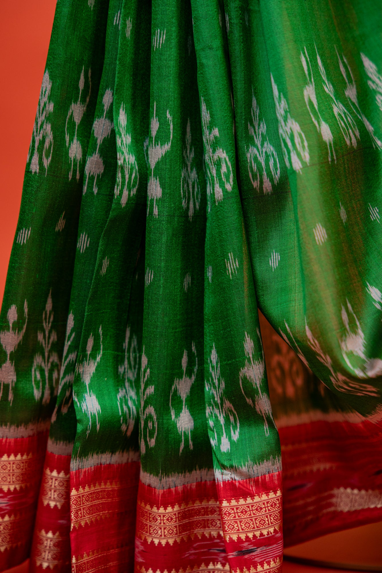 Parrot Green Khandua Silk Saree with Saura Tribal Ikat Motifs | Odisha Handloom