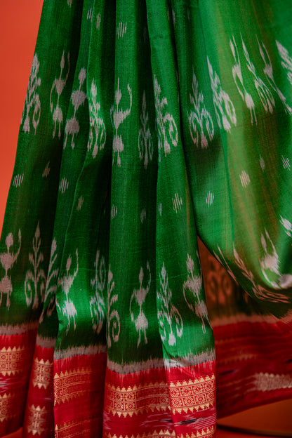 Parrot Green Khandua Silk Saree with Saura Tribal Ikat Motifs | Odisha Handloom