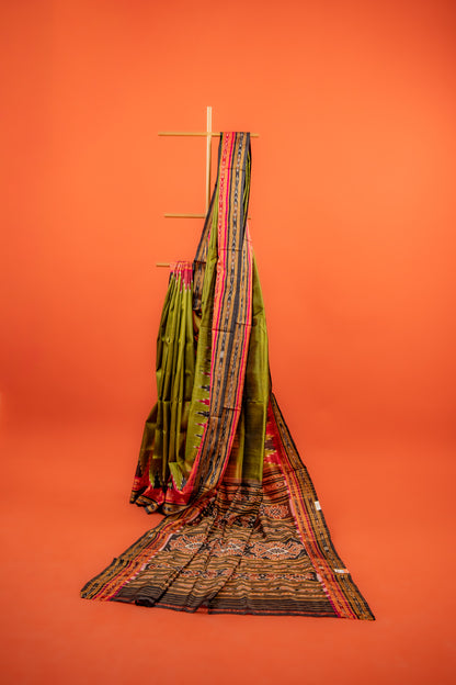 Olive Green Khandua Silk Saree with Maroon Temple Border | Handwoven Odisha Saree