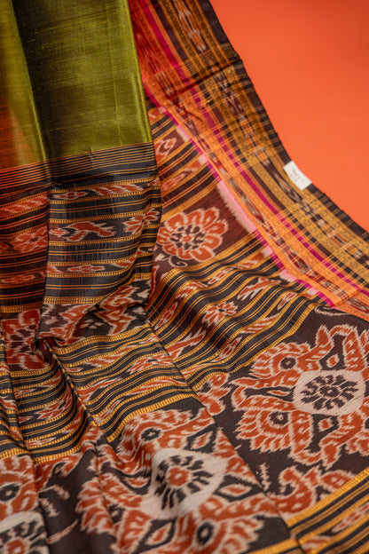 Olive Green Khandua Silk Saree with Maroon Temple Border | Handwoven Odisha Saree