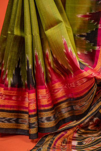 Olive Green Khandua Silk Saree with Maroon Temple Border | Handwoven Odisha Saree