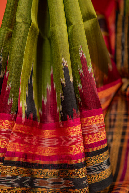 Olive Green Khandua Silk Saree with Maroon Temple Border | Handwoven Odisha Saree