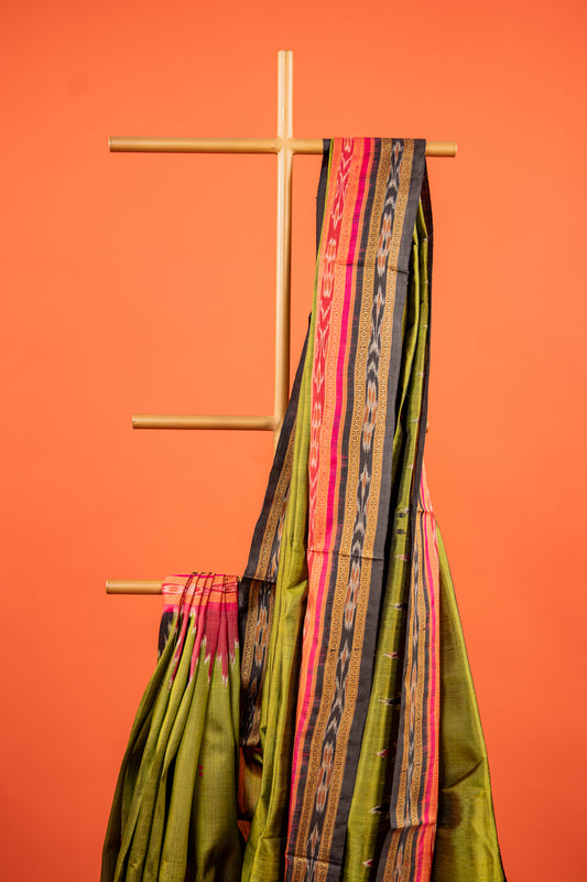 Olive Green Khandua Silk Saree with Maroon Temple Border | Handwoven Odisha Saree