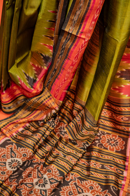 Olive Green Khandua Silk Saree with Maroon Temple Border | Handwoven Odisha Saree