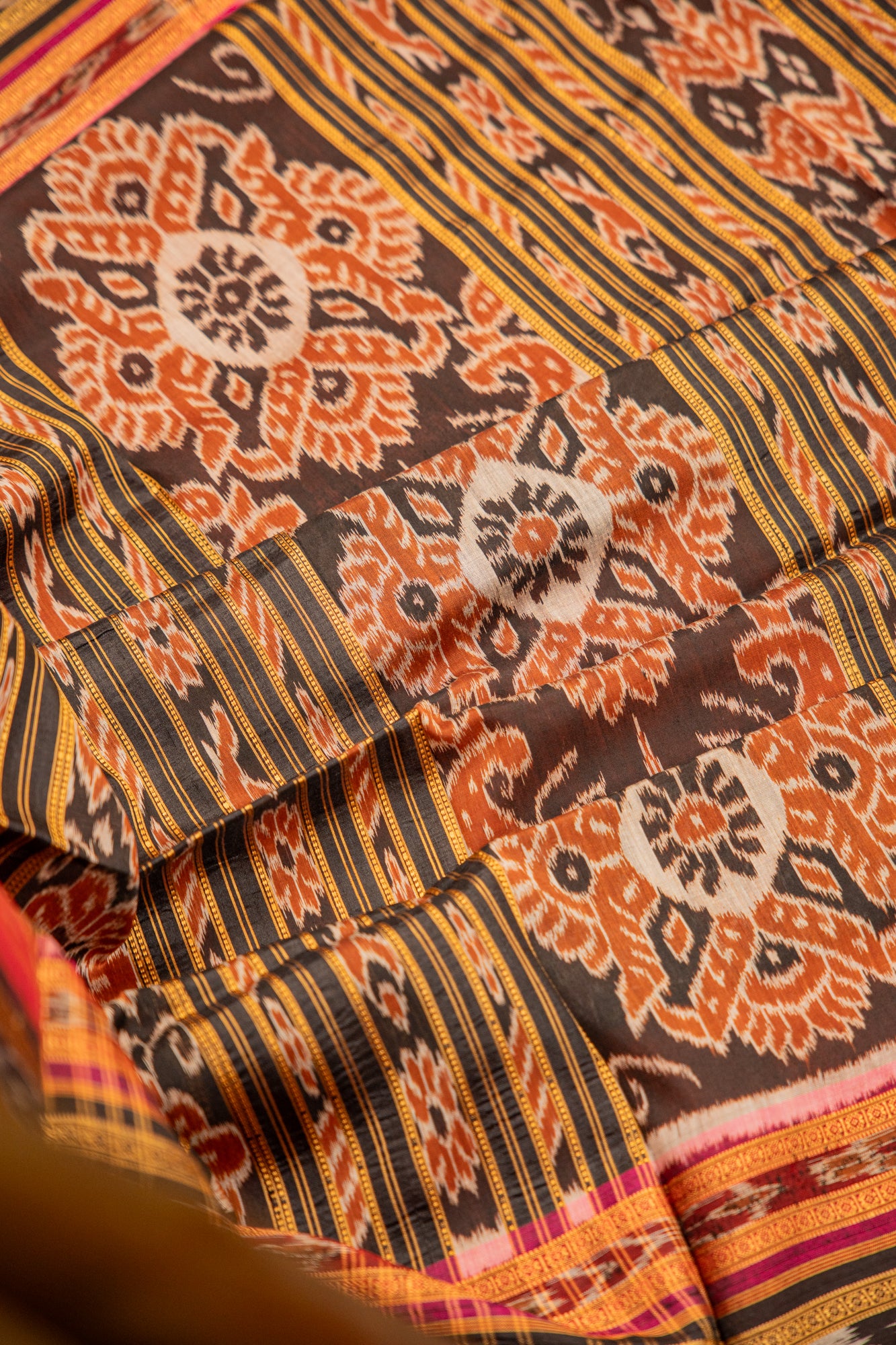 Olive Green Khandua Silk Saree with Maroon Temple Border | Handwoven Odisha Saree