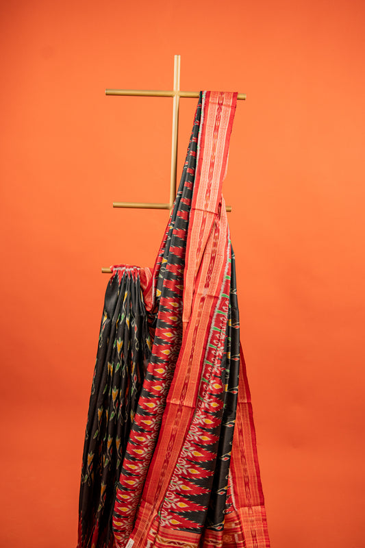 Black Khandua Silk Saree with Floral Butti Motifs & Red Temple Border | Odisha Handloom