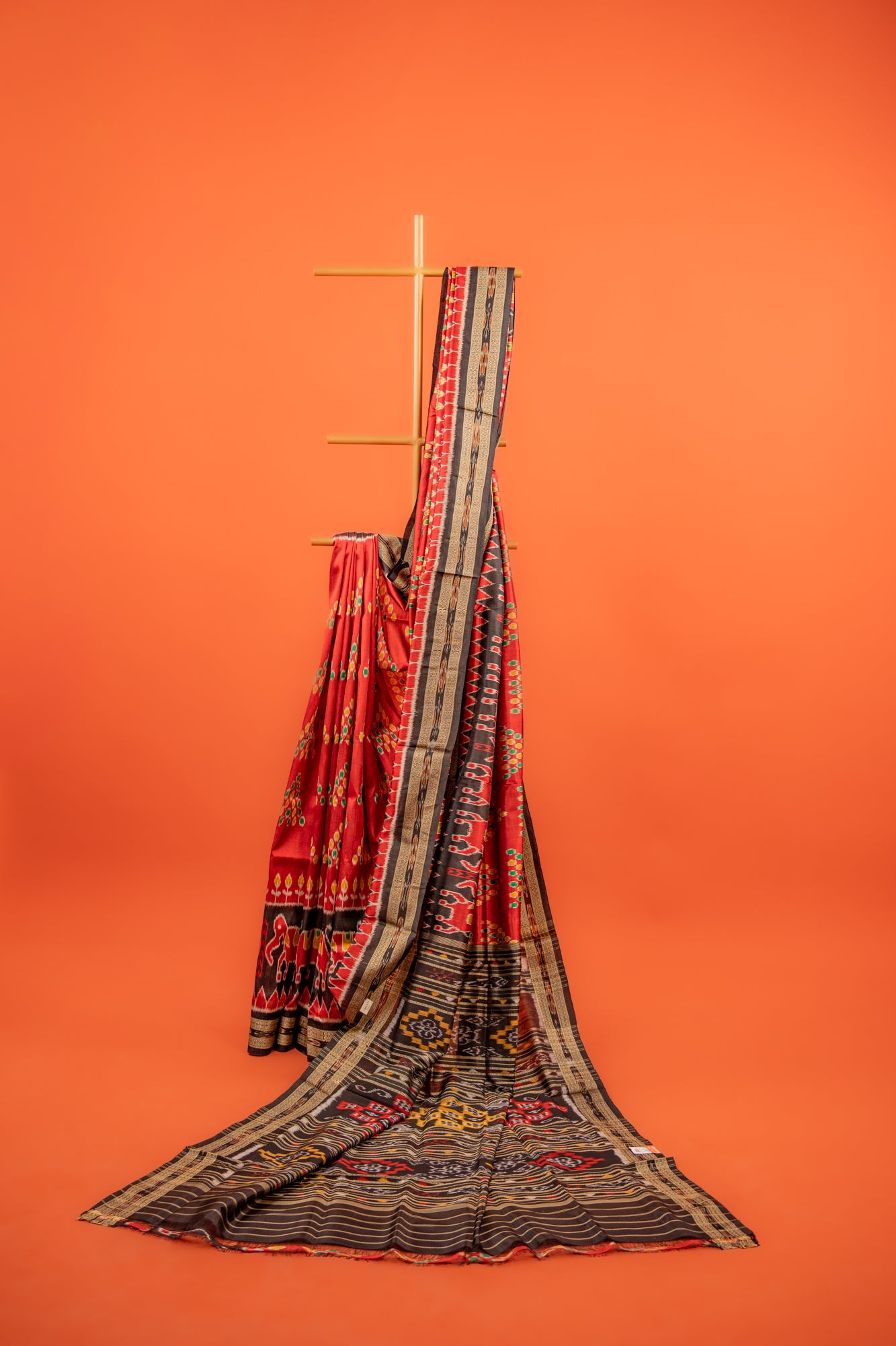 Crimson Red Khandua Silk Saree with Temple Ikat Border | Handwoven Odisha Saree