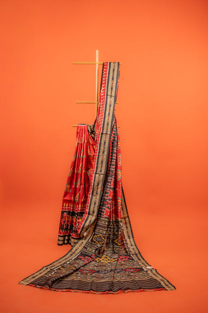 Crimson Red Khandua Silk Saree with Temple Ikat Border | Handwoven Odisha Saree