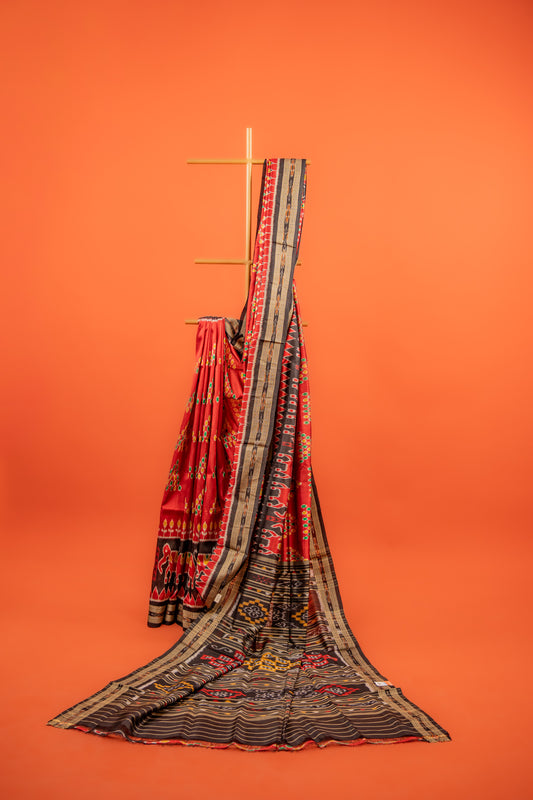 Crimson Red Khandua Silk Saree with Temple Ikat Border | Handwoven Odisha Saree