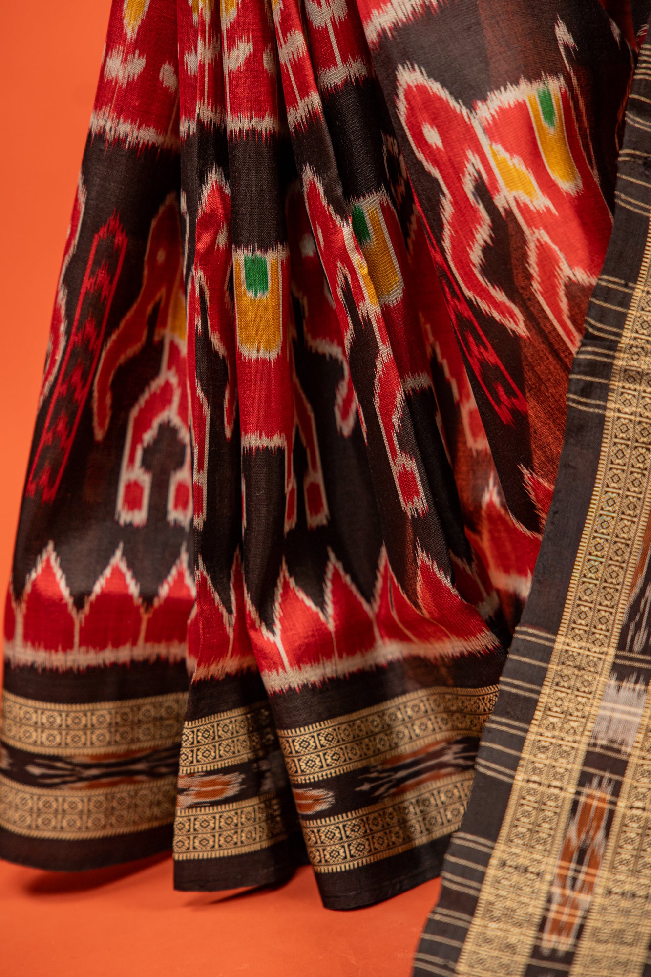 Crimson Red Khandua Silk Saree with Temple Ikat Border | Handwoven Odisha Saree