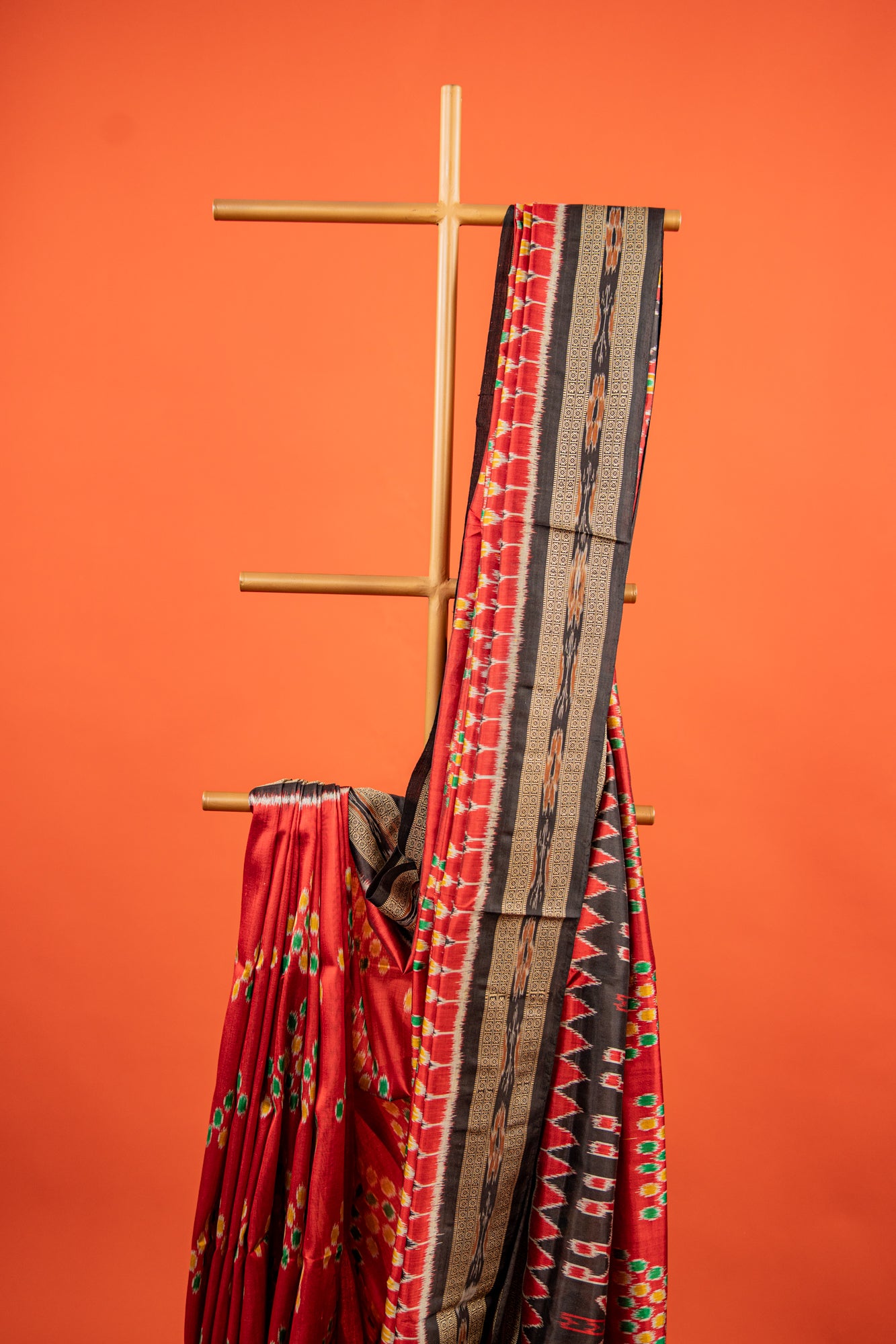 Crimson Red Khandua Silk Saree with Temple Ikat Border | Handwoven Odisha Saree