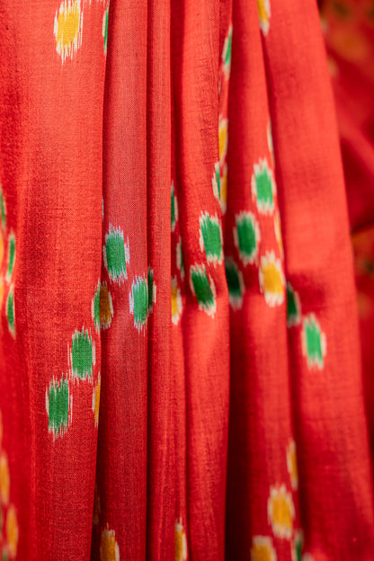 Crimson Red Khandua Silk Saree with Temple Ikat Border | Handwoven Odisha Saree
