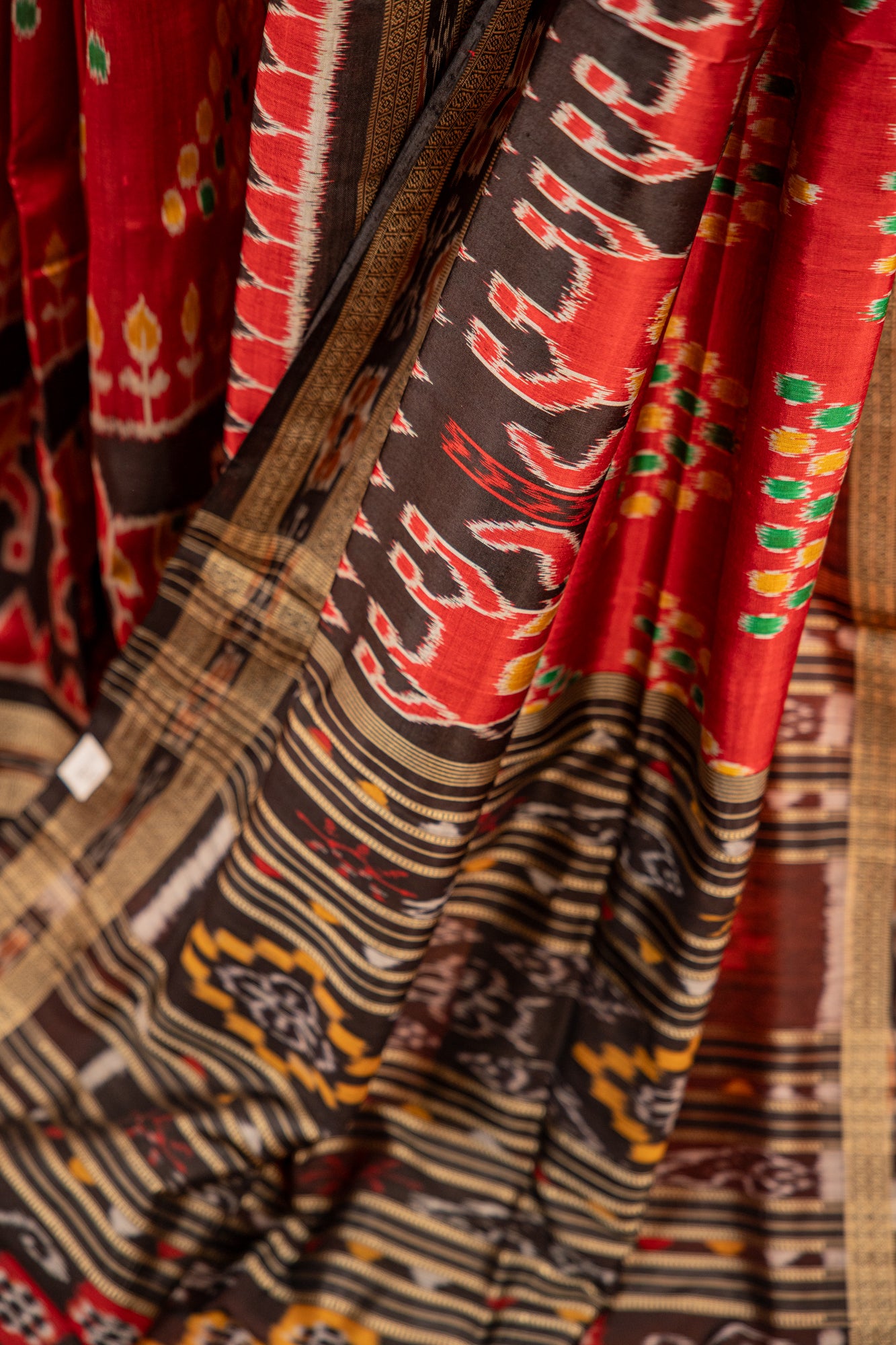 Crimson Red Khandua Silk Saree with Temple Ikat Border | Handwoven Odisha Saree