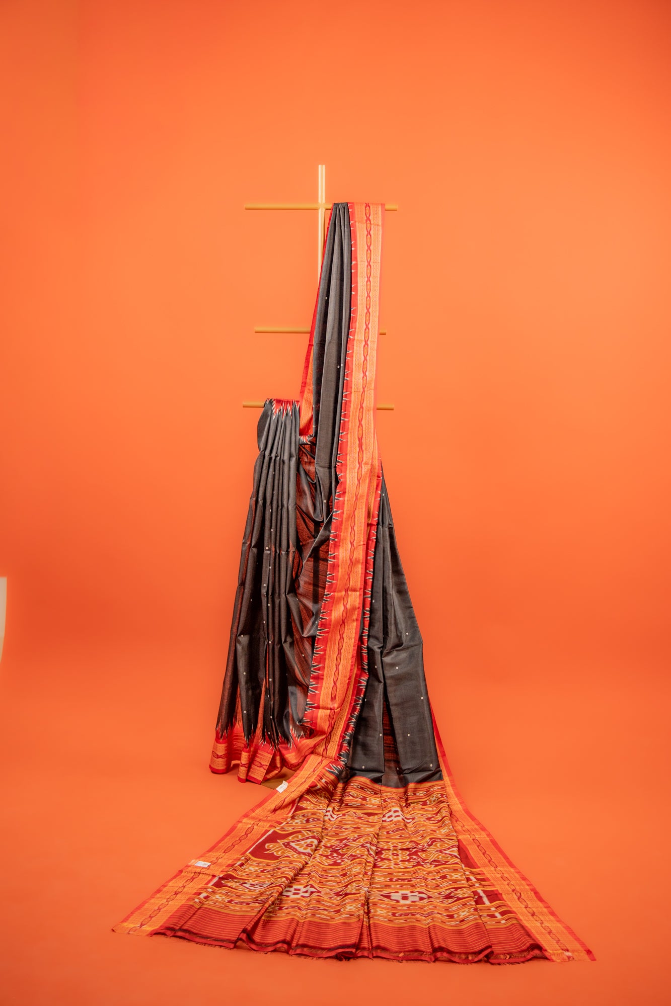 Black Khandua Silk Saree with Crimson Temple Border | Handwoven Odisha Saree