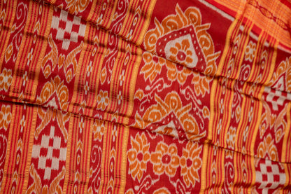 Black Khandua Silk Saree with Crimson Temple Border | Handwoven Odisha Saree