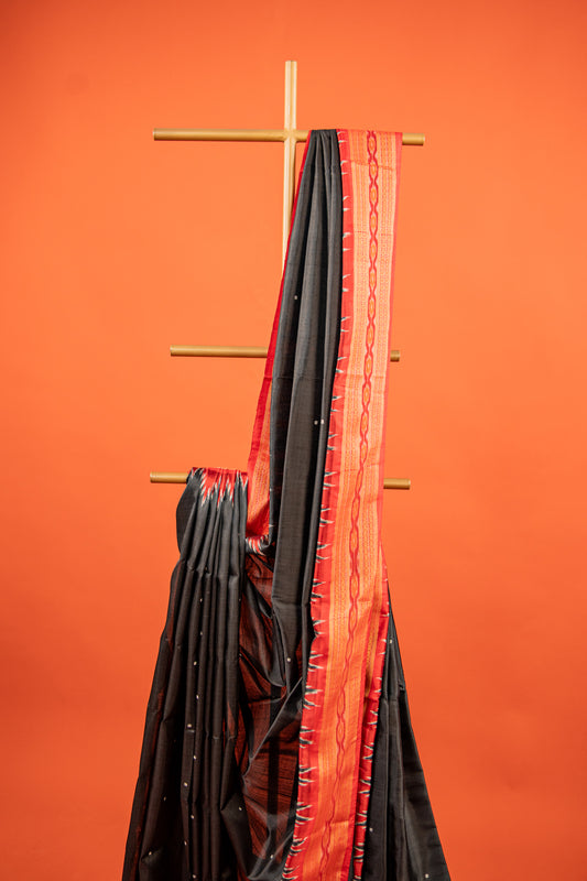 Black Khandua Silk Saree with Crimson Temple Border | Handwoven Odisha Saree