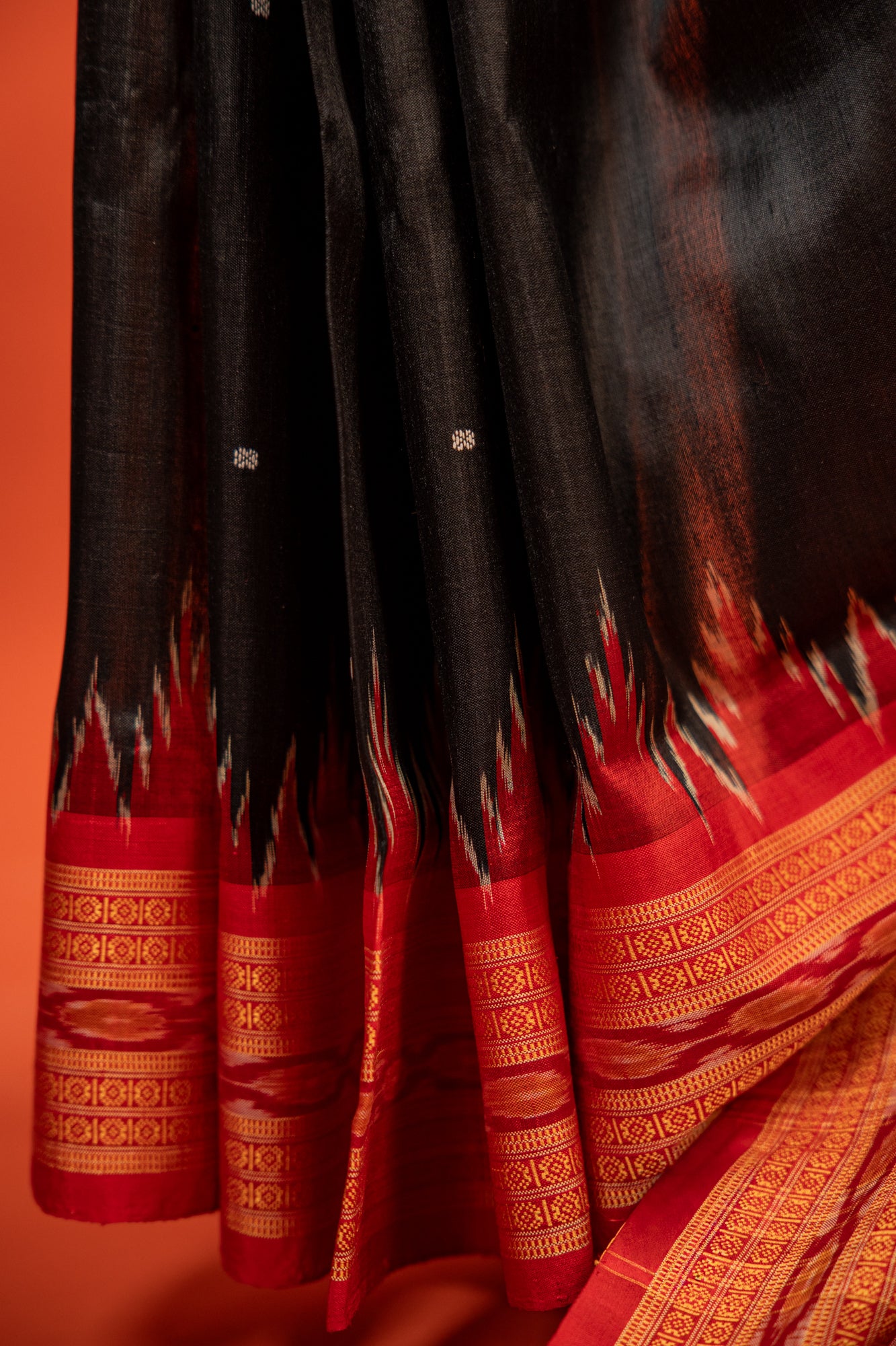 Black Khandua Silk Saree with Crimson Temple Border | Handwoven Odisha Saree