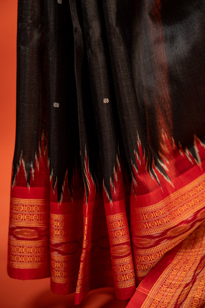 Black Khandua Silk Saree with Crimson Temple Border | Handwoven Odisha Saree