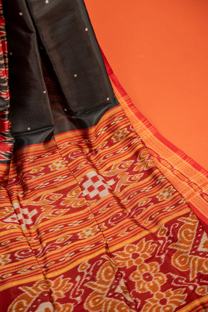 Black Khandua Silk Saree with Crimson Temple Border | Handwoven Odisha Saree
