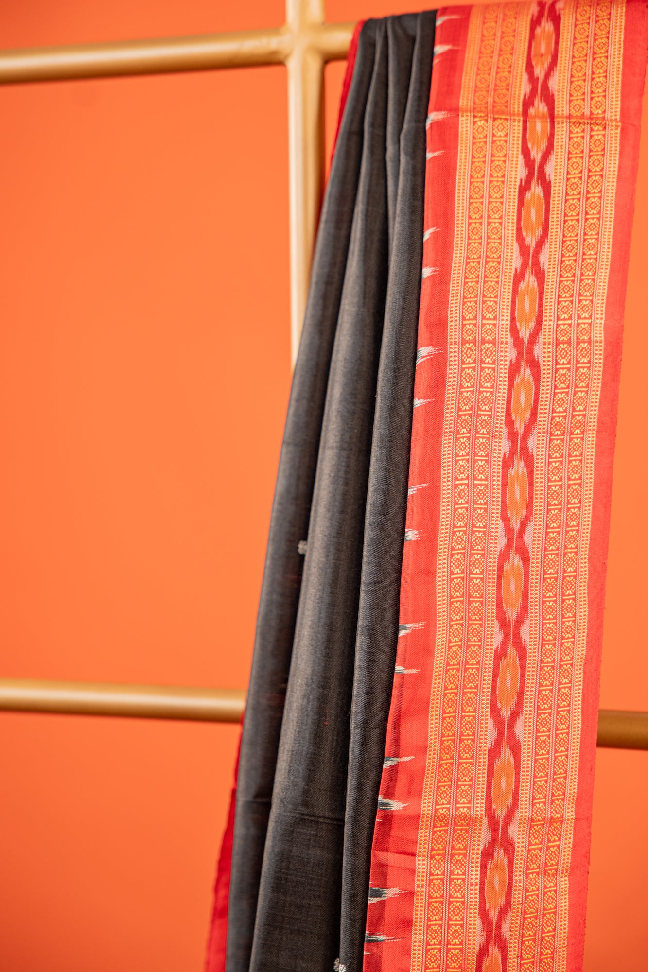 Black Khandua Silk Saree with Crimson Temple Border | Handwoven Odisha Saree