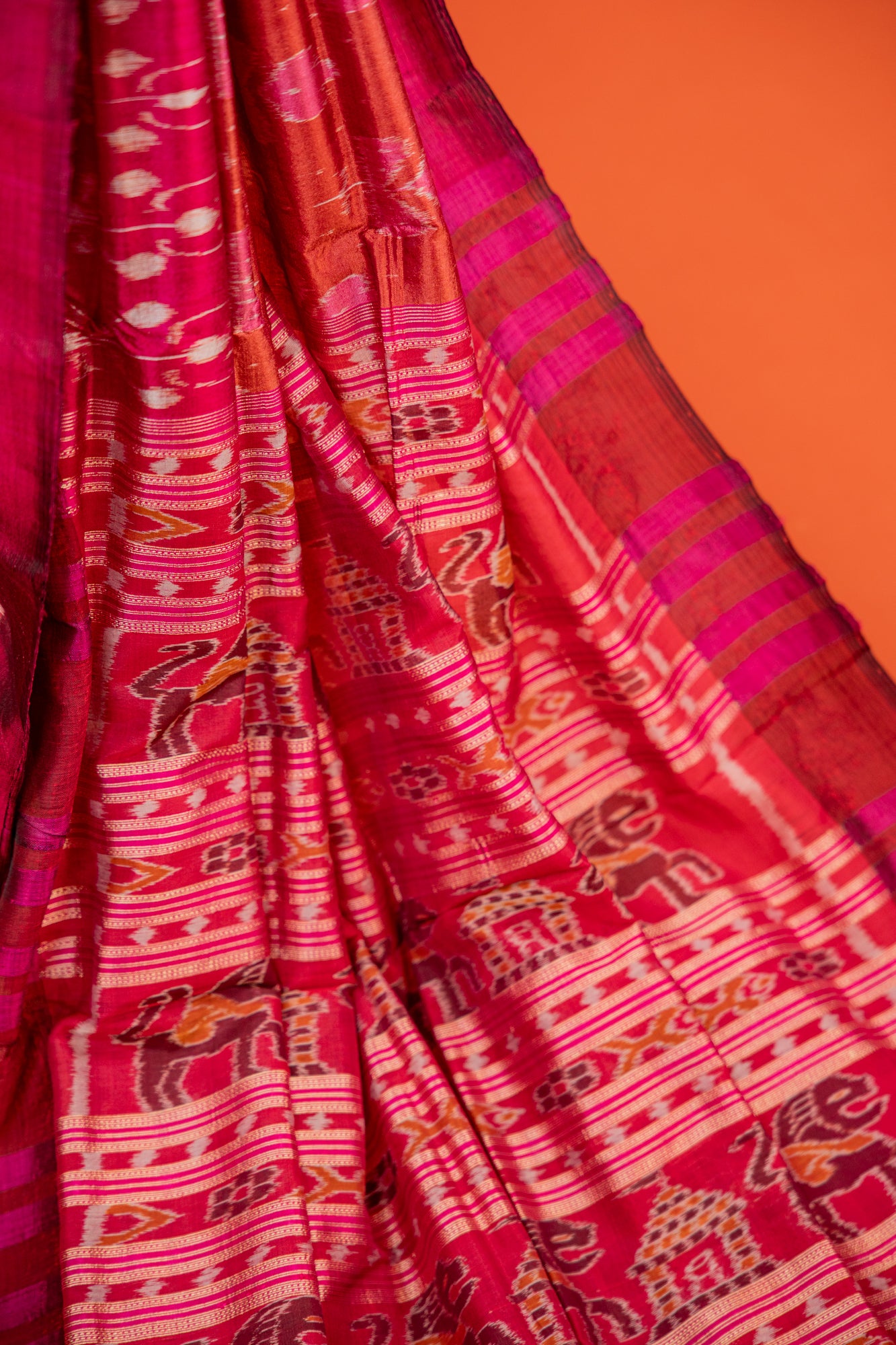 Crimson Red Khandua Silk Saree with Flame Teardrop Ikat Motifs | Odisha Handloom