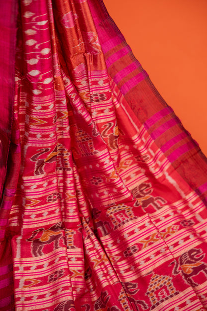 Crimson Red Khandua Silk Saree with Flame Teardrop Ikat Motifs | Odisha Handloom