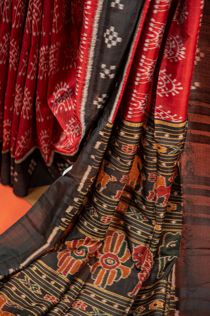 Crimson Red Khandua Silk Saree with Temple Ikat Motifs | Odisha Handloom