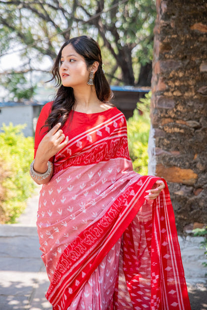 Red and white sambhalpuri cotton saree 