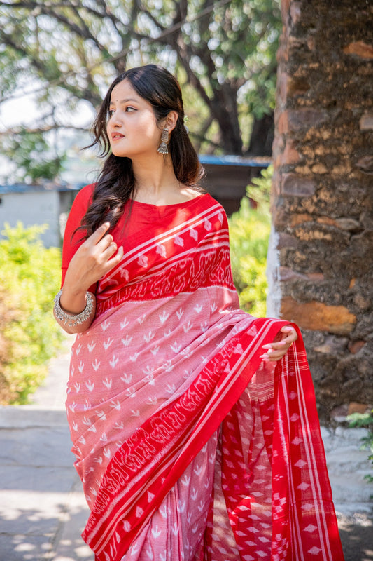 Red and white sambhalpuri cotton saree 