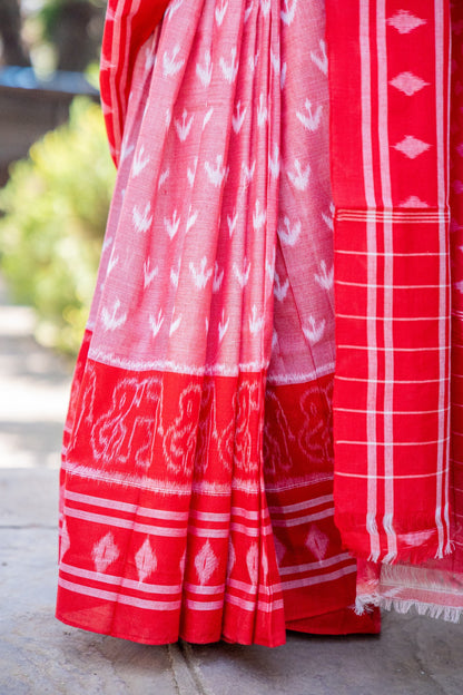 Red and white sambhalpuri cotton saree - ATulya karigari