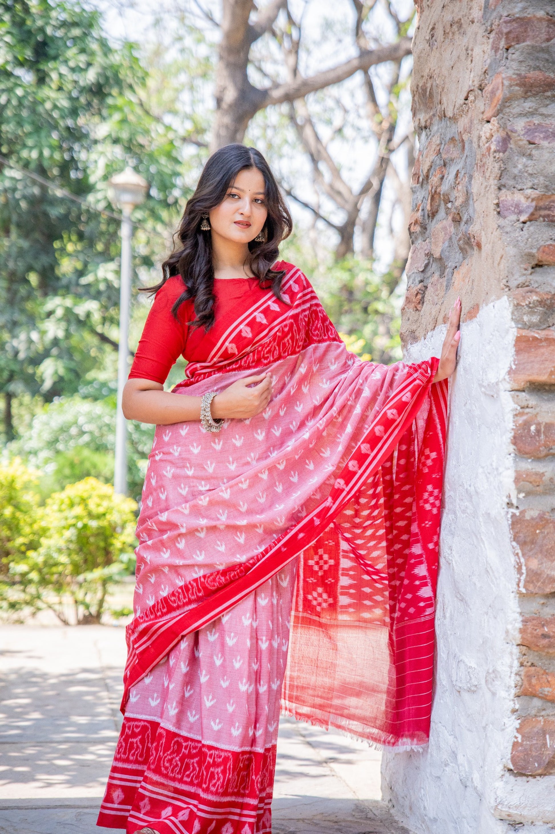 Red and white sambhalpuri cotton saree - ATulya karigari