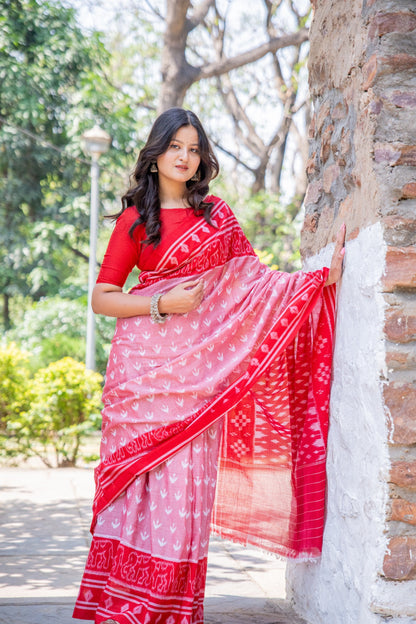 Red and white sambhalpuri cotton saree - ATulya karigari