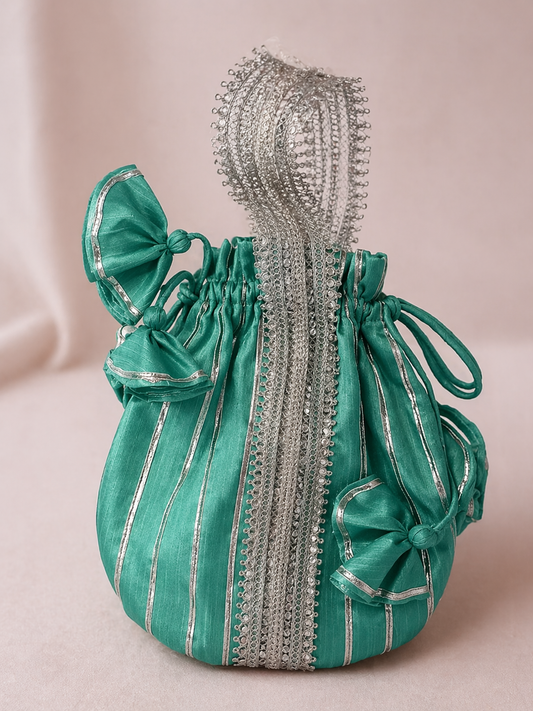 Sea Green Silk Potli Bag with Silver Embellished Panel & Drawstring Detailing for Festive Wear